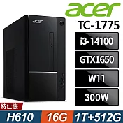 Acer 宏碁 Aspire TC-1775 家用電腦 (i3-14100/16G/1TB+512G SSD/GTX1650-4G/W11)