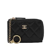 CHANEL 金色CC Logo 粒紋牛皮拉鍊鑰匙包/零錢包/卡包 (黑色)