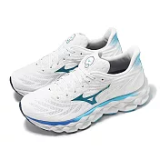 Mizuno 慢跑鞋 Wave Sky 8 女鞋 超寬楦 白 藍 緩衝 厚底 運動鞋 美津濃 J1GD2412-21