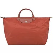 LONGCHAMP LE PLIAGE GREEN系列刺繡短把再生尼龍摺疊旅行袋(小) 栗子紅
