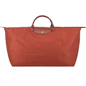 LONGCHAMP LE PLIAGE GREEN系列刺繡短把再生尼龍摺疊旅行袋(中) 栗子紅