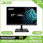 Acer BR277 E3 27型抗閃低反射螢幕(FHD,100Hz,HDMI,VGA,DP,IPS)