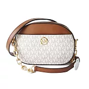 MICHAEL KORS 滿版LOGO拼接皮革斜背包-  白駝