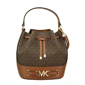 MICHAEL KORS 滿版LOGO拼接皮革兩用水桶包-咖駝