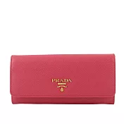 PRADA 金字浮雕Logo防刮牛皮雙釦對開長夾 (牡丹粉)