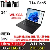 ★全面升級★【Lenovo】聯想 ThinkPad T14 Gen5 14吋 AI PC 三年保固 Ultra 7 155H 16G+16G/2TB SSD 黑