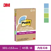 3M Post-it 利貼 狠黏 100%環保再生紙-4x6橫格便條紙(45張x4本)-三色任選 藍綠色系