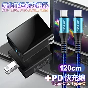 CITY 35W Gan氮化鎵Type-C(PD)+USB快充黑+勇固Type-C to Type-C 100W閃充編織快充線-120cm 藍色