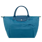 LONGCHAMP LE PLIAGE GREEN系列刺繡短把再生尼龍摺疊水餃包(中) 孔雀藍