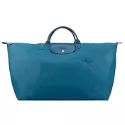 LONGCHAMP LE PLIAGE GREEN系列刺繡短把再生尼龍摺疊旅行袋(中) 孔雀藍