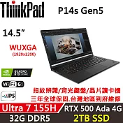 ★硬碟升級★【Lenovo】聯想 ThinkPad P14s Gen5 14吋行動工作站 三年保固 Ultra 7 155H/32G D5/2TB/RTX 500 4G