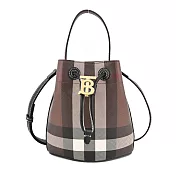 BURBERRY LolaTB金字LOGO格紋帆布束口水桶包 暗樺木棕色