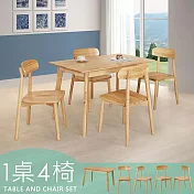 Homelike 喜家居120cm實木餐桌椅組(一桌四椅)-原木色(2312-19)