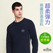 oillio歐洲貴族 精品男裝 長袖超柔圓領T恤 輕柔彈力 設計口袋 特色品牌織帶  L 藏青色