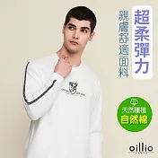 oillio歐洲貴族 精品大尺碼男裝 長袖圓領T恤 超柔彈力 簡約單品 品牌刺繡 M 白色