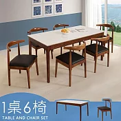 Homelike 喜家居岩板餐桌椅組(一桌六椅)-胡桃色(2420-21)