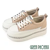 【GREEN PHOENIX】女 休閒鞋 懶人鞋 真皮 顯瘦 免綁帶 輕量 厚底 鬆糕 EU37 杏色