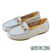 【GREEN PHOENIX】女 莫卡辛 休閒鞋 便鞋 馬銜釦 全真皮 平底 JP23 淺藍色