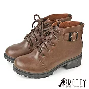 【Pretty】女 短靴 馬丁靴 皮帶釦 側拉鍊 綁帶 台灣製 JP24.5 咖啡色