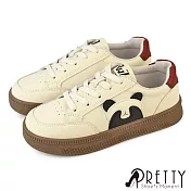 【Pretty】女 休閒鞋 板鞋 平底 綁帶 復古運動風 皮革 EU38 黑色