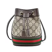 GUCCI 經典OphidiaGG印花帆布迷你水桶包 卡其棕