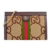 Gucci 經典Ophidia Jumbo GG帆布皮革飾邊手拿/肩揹包 鳥木色