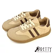 【Pretty】女 休閒鞋 德訓鞋 阿甘鞋 麵包鞋 寬楦 平底 綁帶 仿麂皮 EU36 杏色