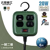 【太星電工】一開二插PD20W工業風延長線/3P 15A 6尺(軍綠色/沙棕色) OFD21306 軍綠