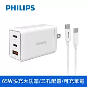 【Philips 飛利浦】GaN 氮化鎵Type-A+Type-C PD+QC 65W 充電器旅充組 (DLP6341C/96-ST)