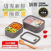 CookPower鍋寶 匠造系列 可微波強化玻璃蓋雙格雙格不鏽鋼保鮮盒二入組 600ml+900ml