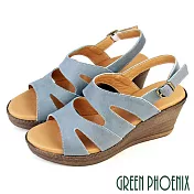 【GREEN PHOENIX】女 涼鞋 羅馬涼鞋 厚底涼鞋 楔型涼鞋 輕量 全真皮 油蠟 US4 藍色