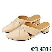 【GREEN PHOENIX】女 穆勒鞋 半拖鞋 包頭拖鞋 全真皮 粗跟 小羊皮 臺灣製 US8 杏色