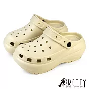 【Pretty】女 洞洞鞋 雨鞋 布希鞋 穆勒鞋 涼拖鞋 兩穿 防水 鞋釦 厚底 JP24.5 米色