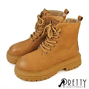 【Pretty】女 馬丁靴 短靴 綁帶靴 軍靴 黃靴 厚底 拉鍊 短筒 刷毛  EU39 黃色