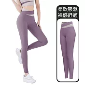 【STizi史堤茲】拚色提臀收腹緊身瑜珈褲 跑步長褲 運動褲(SK-031) M 紫色
