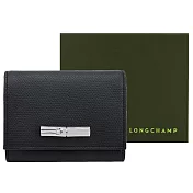 LONGCHAMP LE ROSEAU系列竹節牛皮簡約三折壓釦短夾 黑