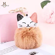 【WOONUE】高品質貓咪皮革絨毛球桃花動物鑰匙圈扣掛飾(兒童聖誕情人節朋友愛貓婚禮小物生日禮物) 摩卡棕