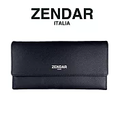 【ZENDAR】限量1折 頂級小牛皮十字紋翻蓋長夾 米蘭系列 全新專櫃展示品(霧黑色 送禮盒提袋)