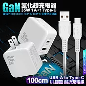 VOORCA精裝1C+1A孔35W氮化鎵充電器(白)+MyStyle 國際UL認證線 USB to Type-C 快充線100cm 白色線