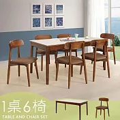 Homelike 喜家居岩板餐桌椅組(一桌六椅)-胡桃色(2420-31)