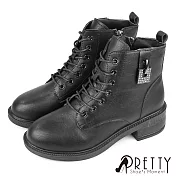 【Pretty】女 短靴 馬丁靴 綁帶靴 機車靴 拉鍊 短筒 顯瘦 中粗跟 JP23 黑色
