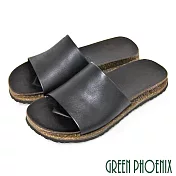 【GREEN PHOENIX】男 拖鞋 素面 寬版帶 全真皮 平底 臺灣製 EU40 黑色