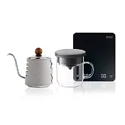 【PO:Selected】丹麥手沖咖啡三件組(電子秤/手沖壺-共2色/玻璃杯350ml-共4色) 手沖壺-灰+玻璃杯-黑