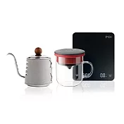 【PO:Selected】丹麥手沖咖啡三件組(電子秤/手沖壺-共2色/玻璃杯350ml-共4色) 手沖壺-灰+玻璃杯-黑紅