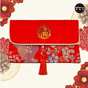 摩達客◉春節開運招財◉高級綢緞橫式金福字太陽花流蘇藝術紅包袋錢包/單入