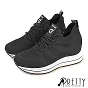 【Pretty】女 休閒鞋 懶人鞋 襪套 顯瘦 內增高 厚底 EU38 黑色