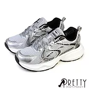 【Pretty】男 運動鞋 休閒鞋 安全反光 透氣 老爹鞋 厚底 綁帶 JP25.5 銀色