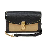 COACH 拼接皮革鉚釘斜背鍊包-卡其黑