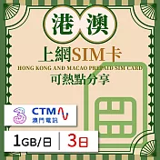【無限全球通GLOBAL WiFi】港澳上網SIM卡 3日方案 每日1GB降速吃到飽 港澳網絡卡 4G高速上網SIM卡