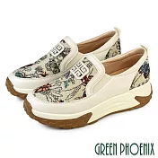 【GREEN PHOENIX】女 休閒鞋 懶人鞋 厚底鞋 健走鞋 便鞋 刺繡 真皮 輕量 JP22.5 米色